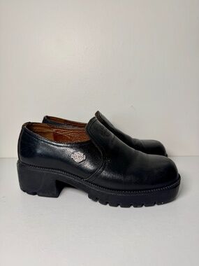 Vintage Harley-Davidson Black Leather Lug Sole Platform Slip-On | Size 7